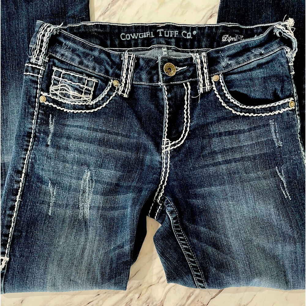 Cowgirl Tuff Women's Dark Blue Bootcut Jeans with White Contrast Stitching